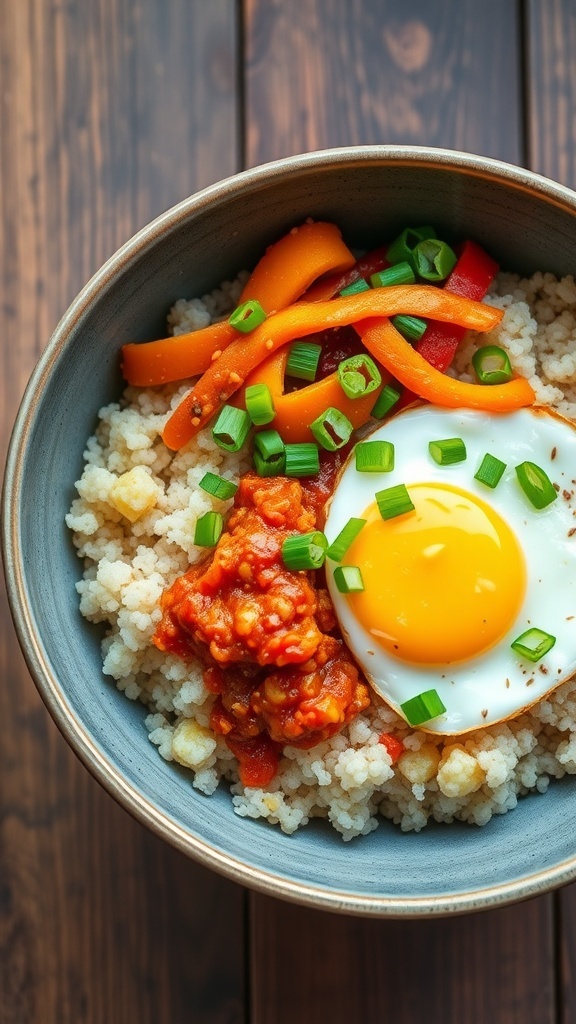 A colorful quinoa bowl with kimchi, sautéed vegetables, and a fried egg, garnished with sesame seeds and green onions.